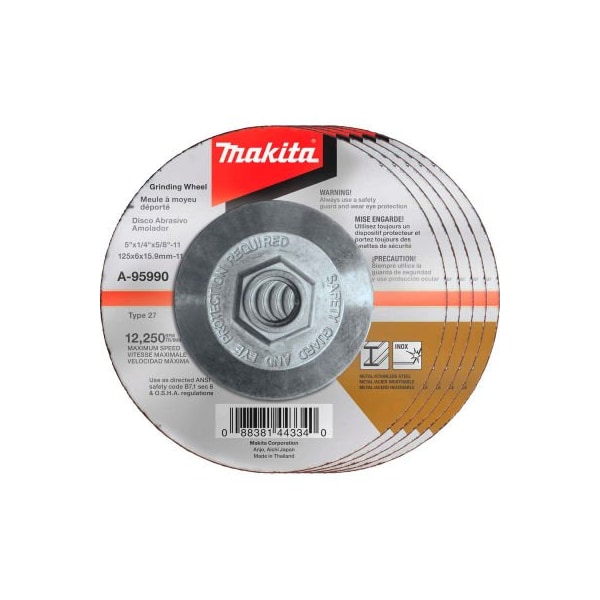 Makita Hubbed INOX Grinding Wheel, 36 Grit, Type 27, 5inDia x 1/4inT x 5/8-11in Ctr HoleDia-25/Pk A-95990-25 - main
